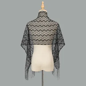 Ethnic style black hollow lace shawl with floral wave patterns and long tassel fringe