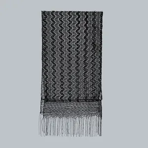 Ethnic style black lace scarf with hollow wave texture and long decorative tassels