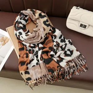 Écharpe Femme Mode Imprimé Léopard Sensation Cachemire Hiver Chaud Châle Patchwork Avec Glands Motif Léopard Pashmina