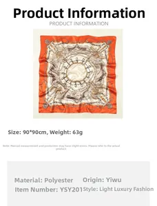 Detail view of 90cm square silk-like scarf with elegant chain and rope print patterns