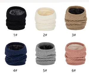 Collage of knitted neck warmers in six colors featuring plush fleece lining and thick ribbing