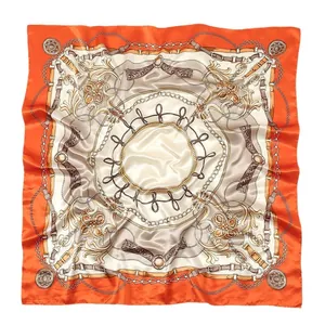 Elegant 90cm square satin silk scarf with orange chain and baroque floral pattern print