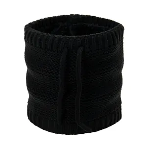 Close-up of black knitted neck warmer with thick fleece lining and adjustable drawstrings