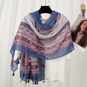 Bohemian geometric navy blue scarf in linen-cotton touch with decorative tassels