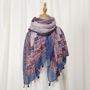 Bohemian geometric printed linen-feel scarf shawl with stylish tassels for women