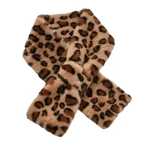 Thick faux rabbit fur leopard print scarf for women with warm cross-wrap design