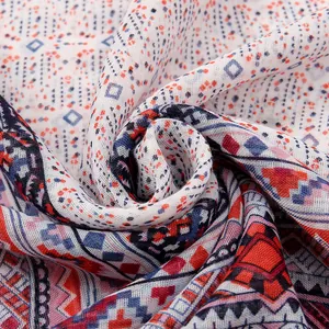 Bohemian geometric pattern scarf in red and navy lightweight cotton linen fabric