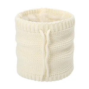 Detail view of winter knitted neck warmer with thick plush lining and adjustable drawstring
