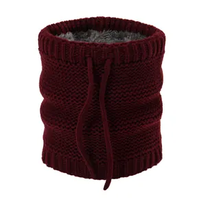 Close-up of burgundy knitted neck gaiter with thick grey fleece lining and drawstring