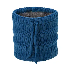 Detail of royal blue knitted neck warmer with thick grey fleece lining and drawstring
