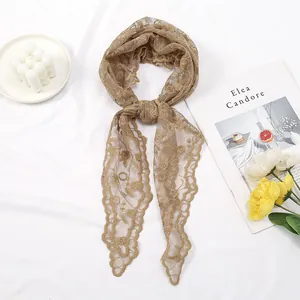 Elegant French lace triangular hair scarf in khaki with delicate hollow floral patterns