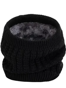 Detail of black chunky knit infinity scarf featuring soft grey faux wool fleece lining