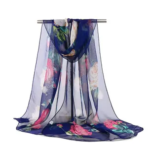Women Elegant Lotus Floral Print Georgette Scarf Long Silk Feeling Polyester Wrap Lightweight Sun Protection Shawl Rose Pattern Fashion Scarf