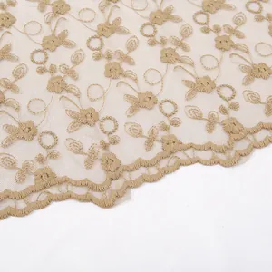 Elegant champagne gold floral lace scarf with delicate embroidery and scalloped edges