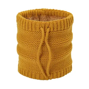 Winter knitted neck warmer for men and women with yellow thermal fleece lining and drawstring