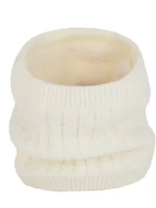 Detail view of white knitted neck warmer with thick faux wool fleece lining for winter