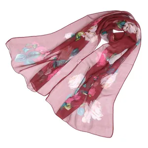 Elegant lotus floral georgette scarf in rose print pink and red wine tones for women