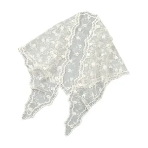 Elegant white French lace triangle scarf with hollow floral embroidery for women