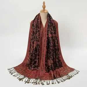 Elegant vintage paisley embroidered long scarf with fringe tassels for women in dark tones