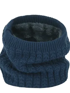 Close-up of navy knit neck warmer with thick grey faux fur lining for winter warmth