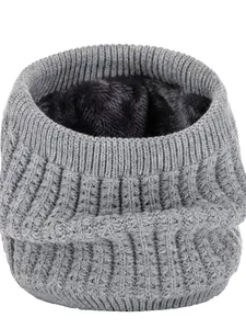 Detailed view of gray knit neck warmer featuring thick faux wool fleece lining for winter warmth