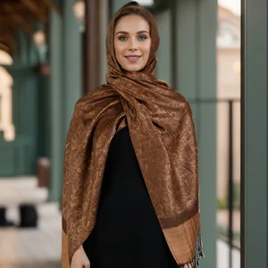 Écharpe longue marron pour femme avec motif cachemire floral et franges décoratives