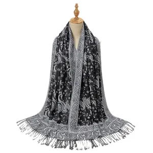 Classic black and white paisley print pashmina shawl with fringe tassels for women