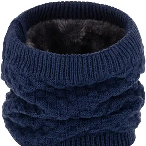Navy blue knitted winter neck warmer with warm fleece lining and ribbed edge design