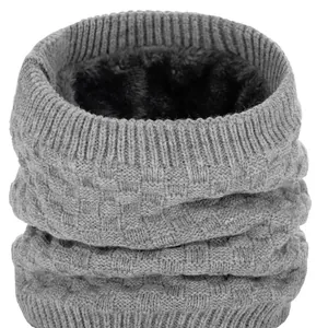 Winter thermal grey knit neck warmer with thick black fleece lining and ribbed design