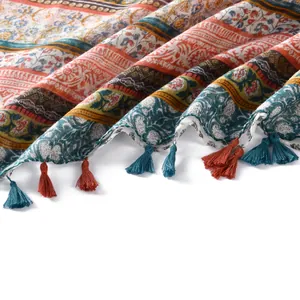 Ethnic bohemian floral voile scarf with tassels for beach sun protection and vacation