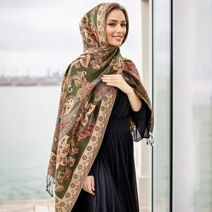 Böhmischer Schal mit Paisley-Muster, Vintage-Quasten und olivgrüner Blumenstickerei für Damen