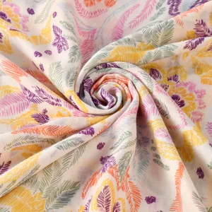 Lightweight ethnic print voile shawl with colorful feather patterns for beach and sun protection