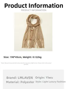 Detailed view of champagne gold metallic shawl with fringe and sizing specifications