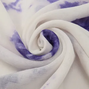 Artistic tie-dye cotton linen scarf with tassels, soft purple and white breathable shawl
