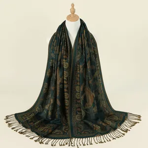 Sciarpa vintage verde scuro con ricamo paisley e lunghe nappe per le donne