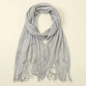 Elegant silver metallic thread shawl with fringe tassels for bikini cover-up and evening wear