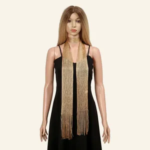 Fashionable gold tassel metal chain scarf with long fringe for party evening wear