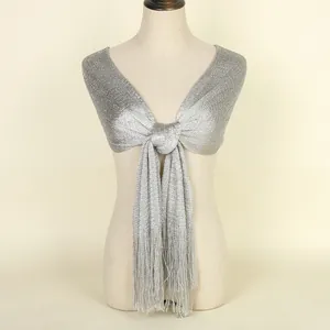 Silver metallic shawl with sparkling lurex fringe detail and knot design for formal wear