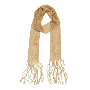 Elegant gold metallic mesh scarf for women with shimmering tassels on a white background
