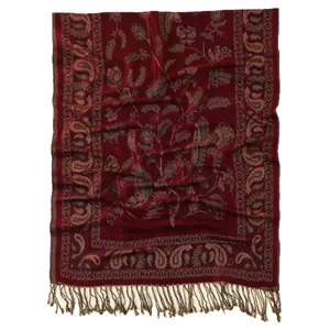 Scialle pashmina vintage bordeaux con motivo paisley e frange decorative