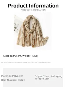 Detailed sizing chart for 182x85cm polyester scarf with abstract marble patterns