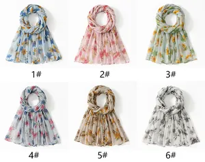 Collage of floral print voile scarves in six elegant colors for sun protection
