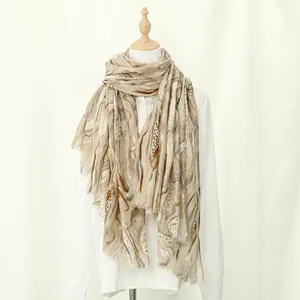 Ethnic style cotton linen shawl with abstract wavy print and leopard patterns for women