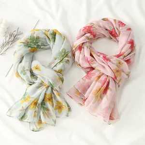 Women Fashion Voile Scarf Elegant Floral Print Lightweight Sun Protection Shawl Ethnic Style Large Wrap For Travel Beach