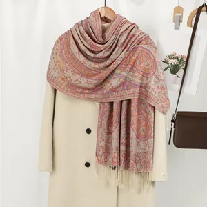 Écharpe Femme Vintage Motif Cachemire Polyester Jacquard avec Gland Châle Style Ethnique Bohème Long Foulard Décoratif pour Femme