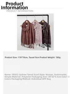 Detailed size specifications for polyester paisley fringe scarf, measuring 178 by 70cm