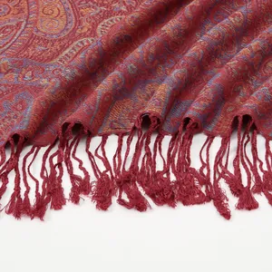 Elegant brick red paisley jacquard scarf for women with soft fringe tassels