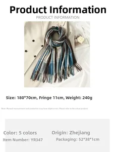 Macro detail of soft plaid scarf fabric with 11cm fringe trim and 180x70cm size spec