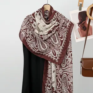 Lightweight paisley print scarf in brown and cream, chic long sun protection beach shawl