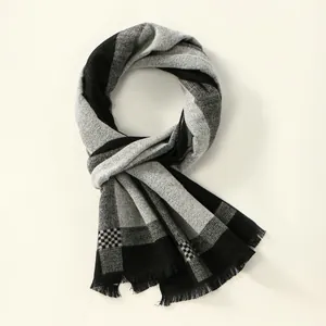 Modern striped scarf with classic fringe and checkerboard pattern in black and grey